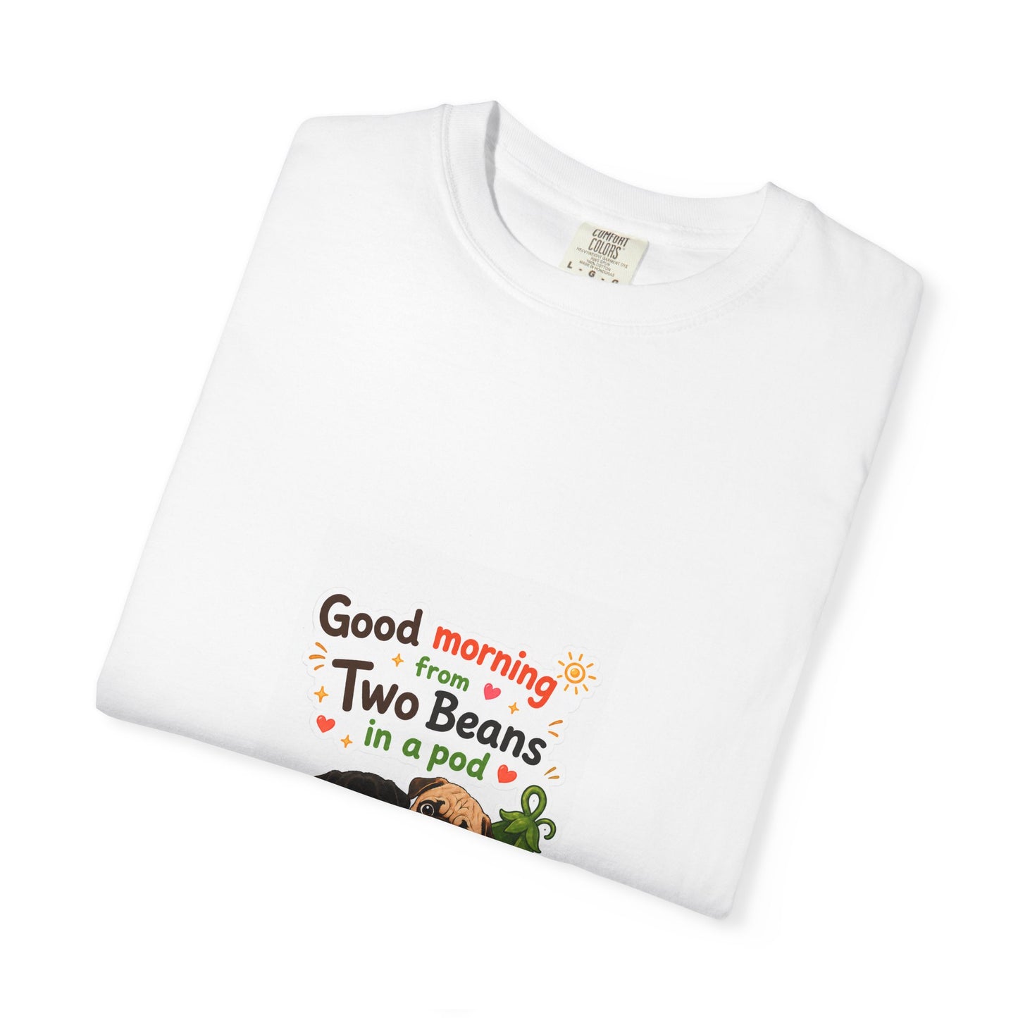 Two Beans in a Pod Coffee T-Shirt — "Good Morning from Two Beans in a Pod" Cute Avocado-Style Coffee Tee