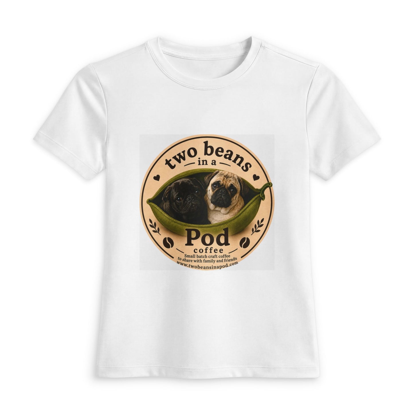 Two Beans Pod Coffee Pug Tee | Women's T-Shirt, Coffee Logo
