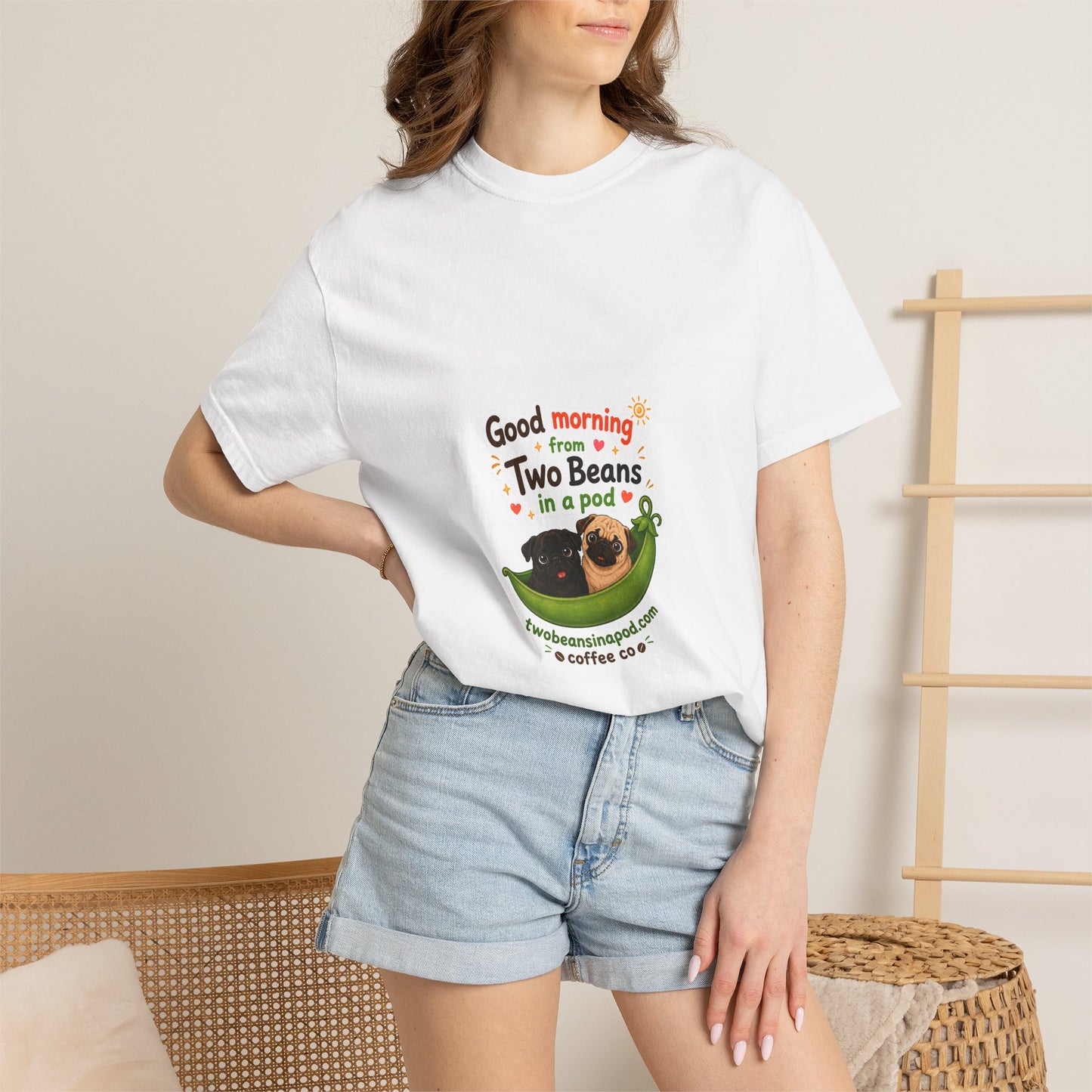 Two Beans in a Pod Coffee T-Shirt — "Good Morning from Two Beans in a Pod" Cute Avocado-Style Coffee Tee