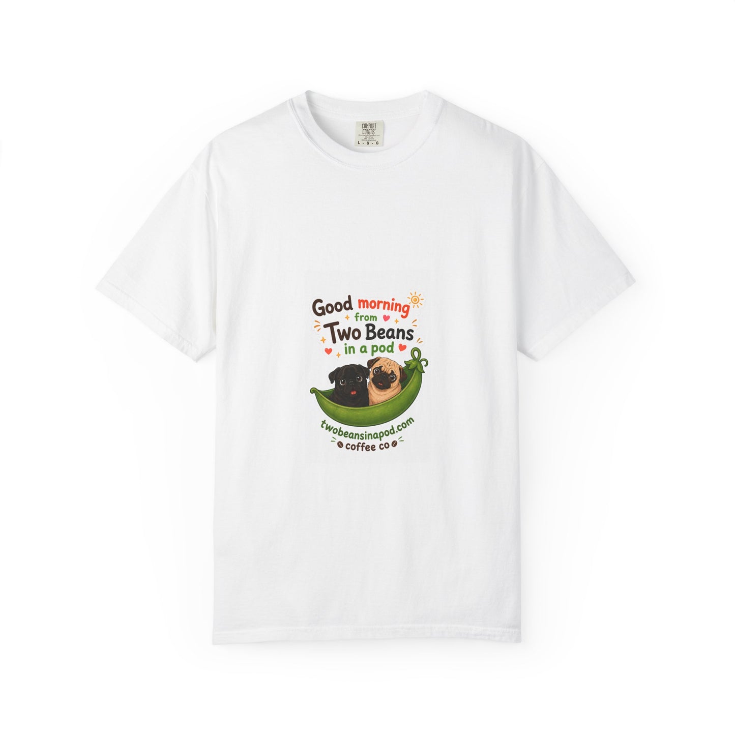 Two Beans in a Pod Coffee T-Shirt — "Good Morning from Two Beans in a Pod" Cute Avocado-Style Coffee Tee