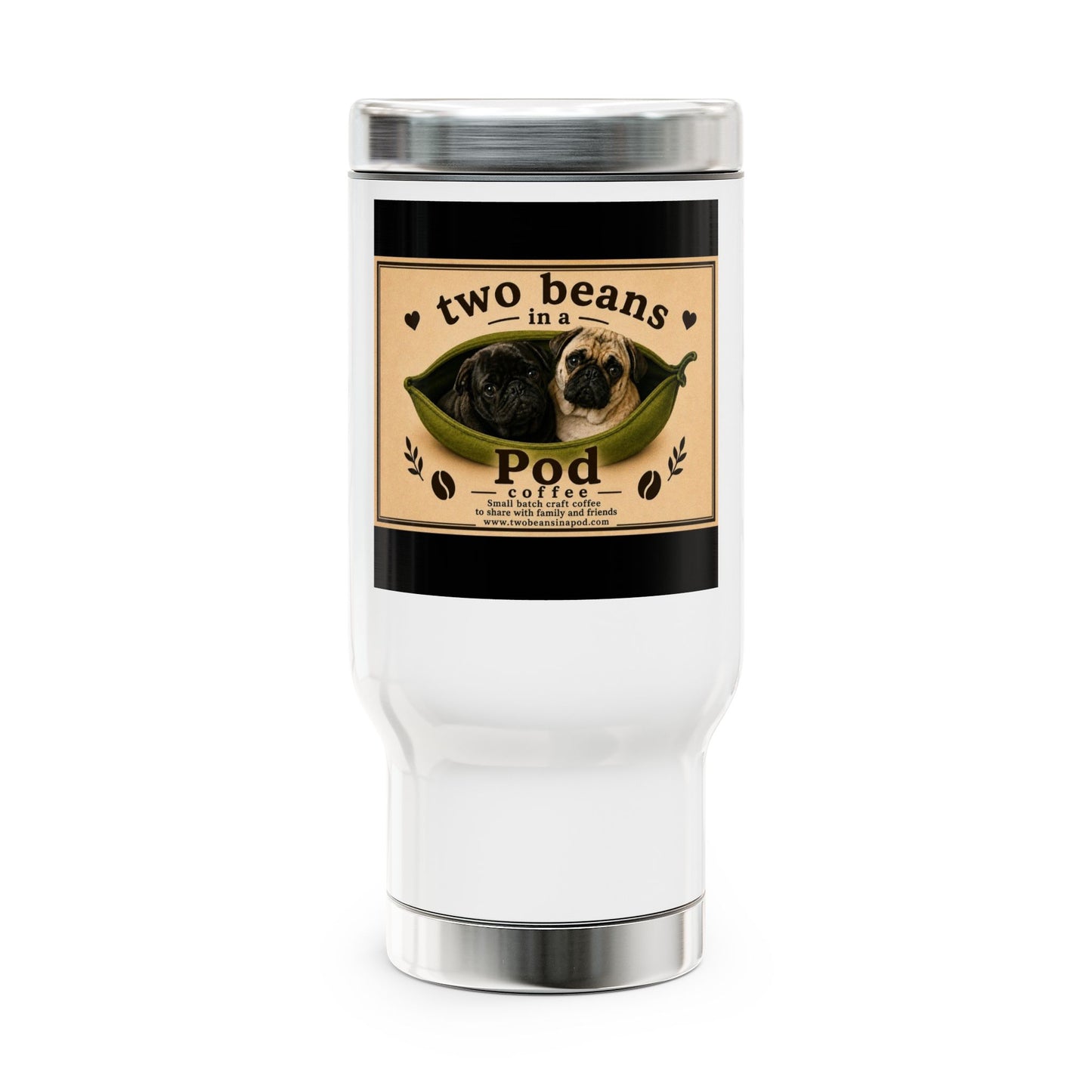 Two Beans in a Pod Travel Mug – 14oz Stainless Steel Coffee Tumbler (Pug Lovers)